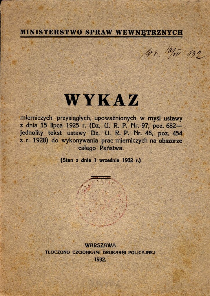 KKE 5950-1.jpg - Dok. Karta z „Wykazu mierniczyczych” wydana przez Ministerstwo Spraw Wewnętrznych, Warszawa, 1 IX 1932 r.